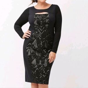 Lane Bryant Geometric Black Sequin Keyhole Neck Long Sleeve Bodycon Dress 20W